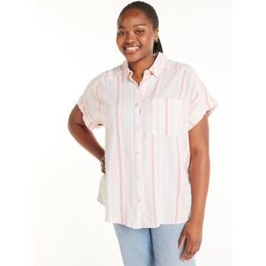 Terra & Sky Plus Size 1X 16 18 Striped Linen Blend Camp Shirt Top Pink